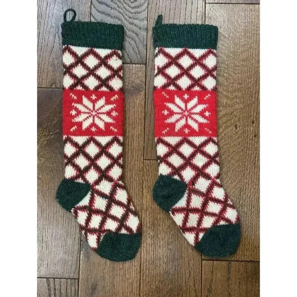 Vintage 80s Knit Set Of (2) Christmas Stocking Red Green Snowflake - Picture 1 of 10